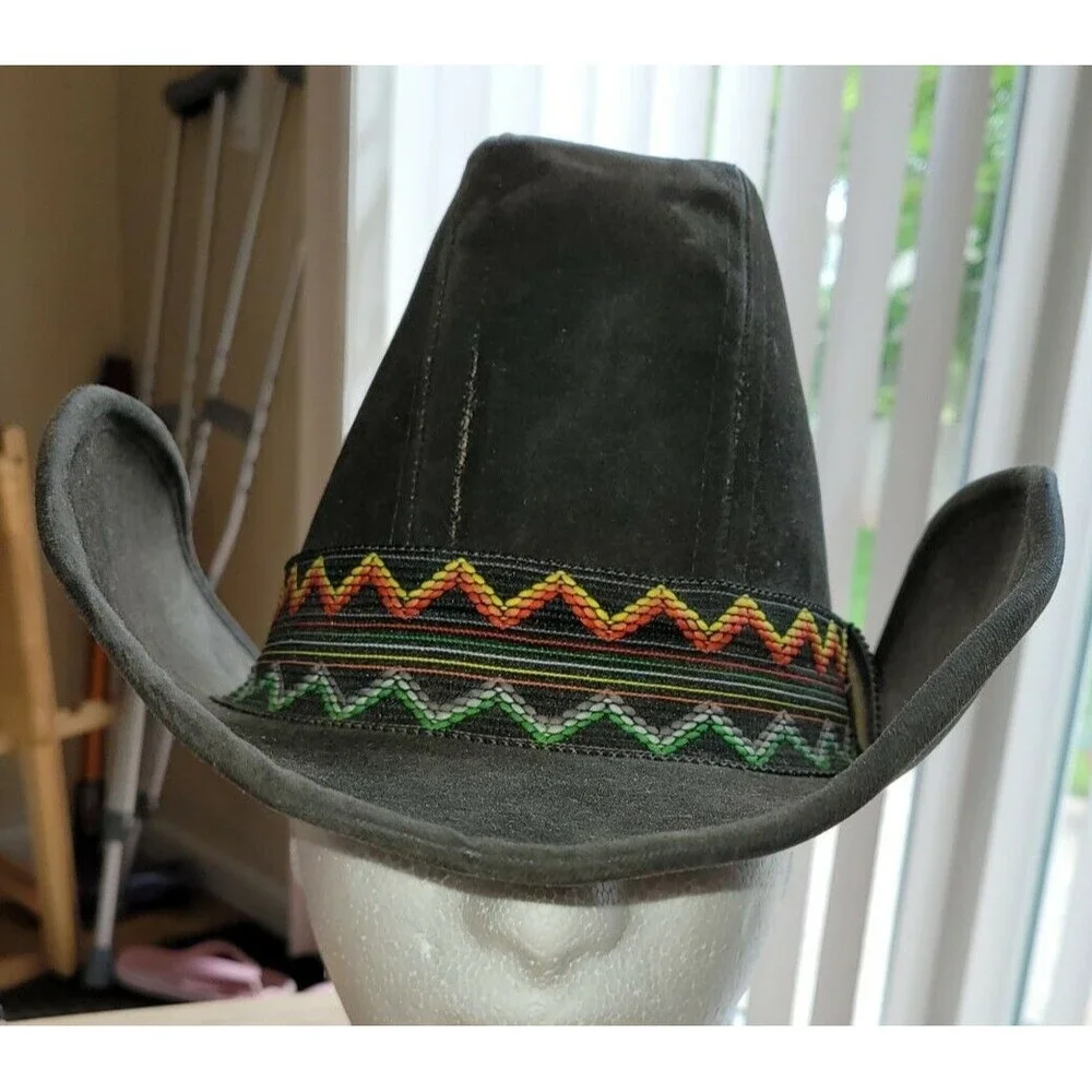 VTG UNITED HATTERS CAP & MILLINERY Black Suede COWBOY HAT SZ XL Colorful Band - Picture 1 of 12